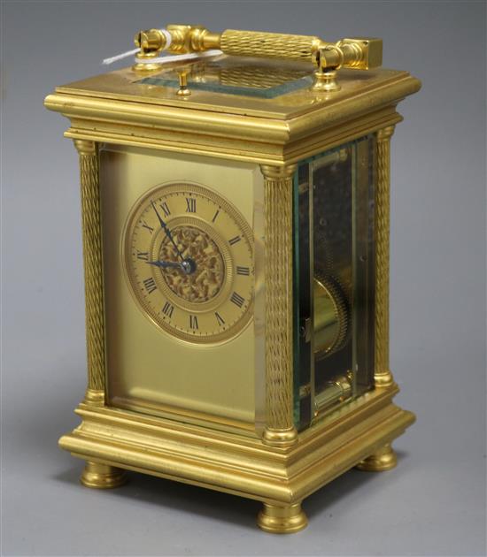 A French gilt brass repeating carriage clock, H 19cm (max)